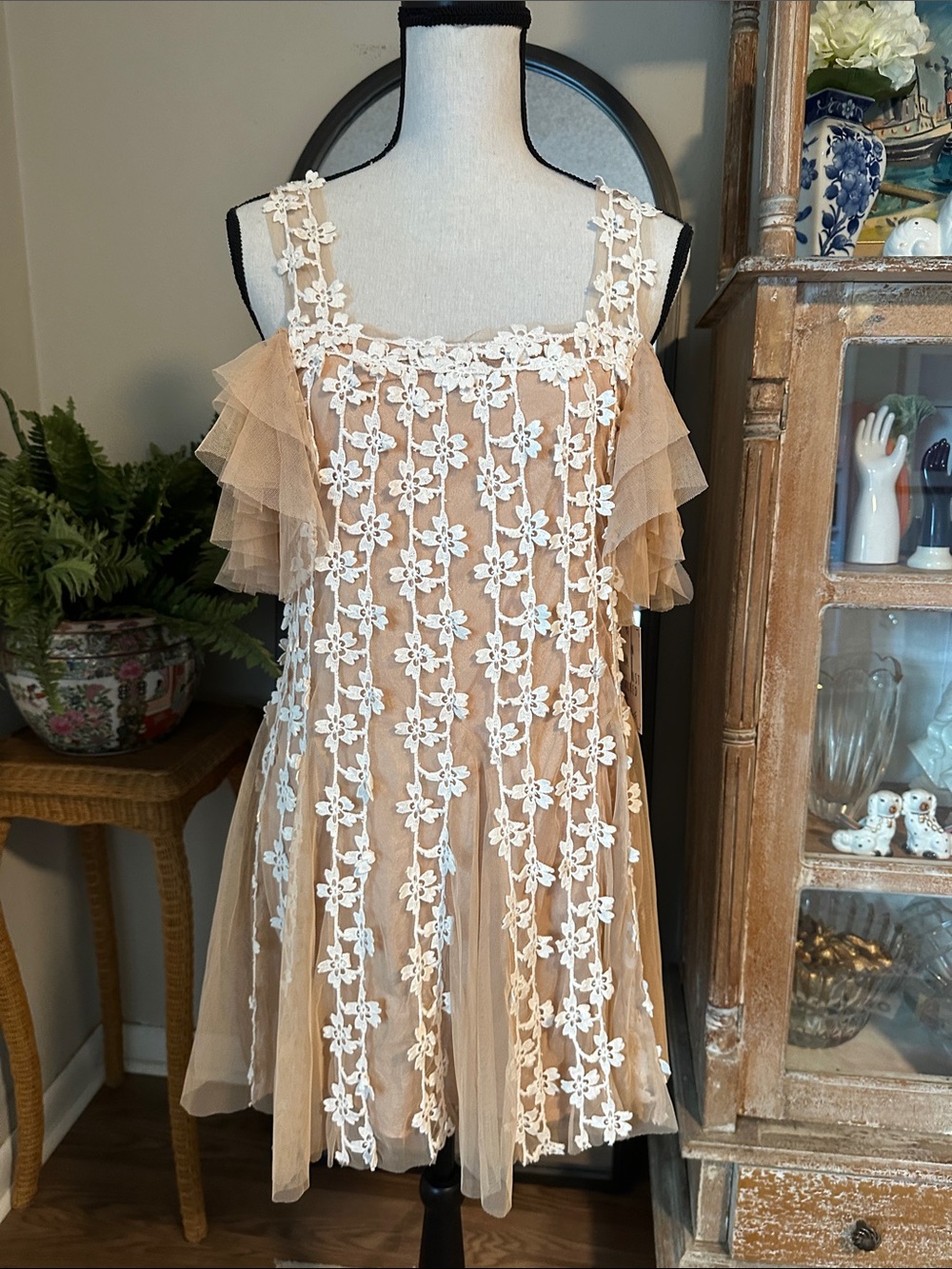 Beige Tulle Mini Dress with White Floral Lace Overlay
